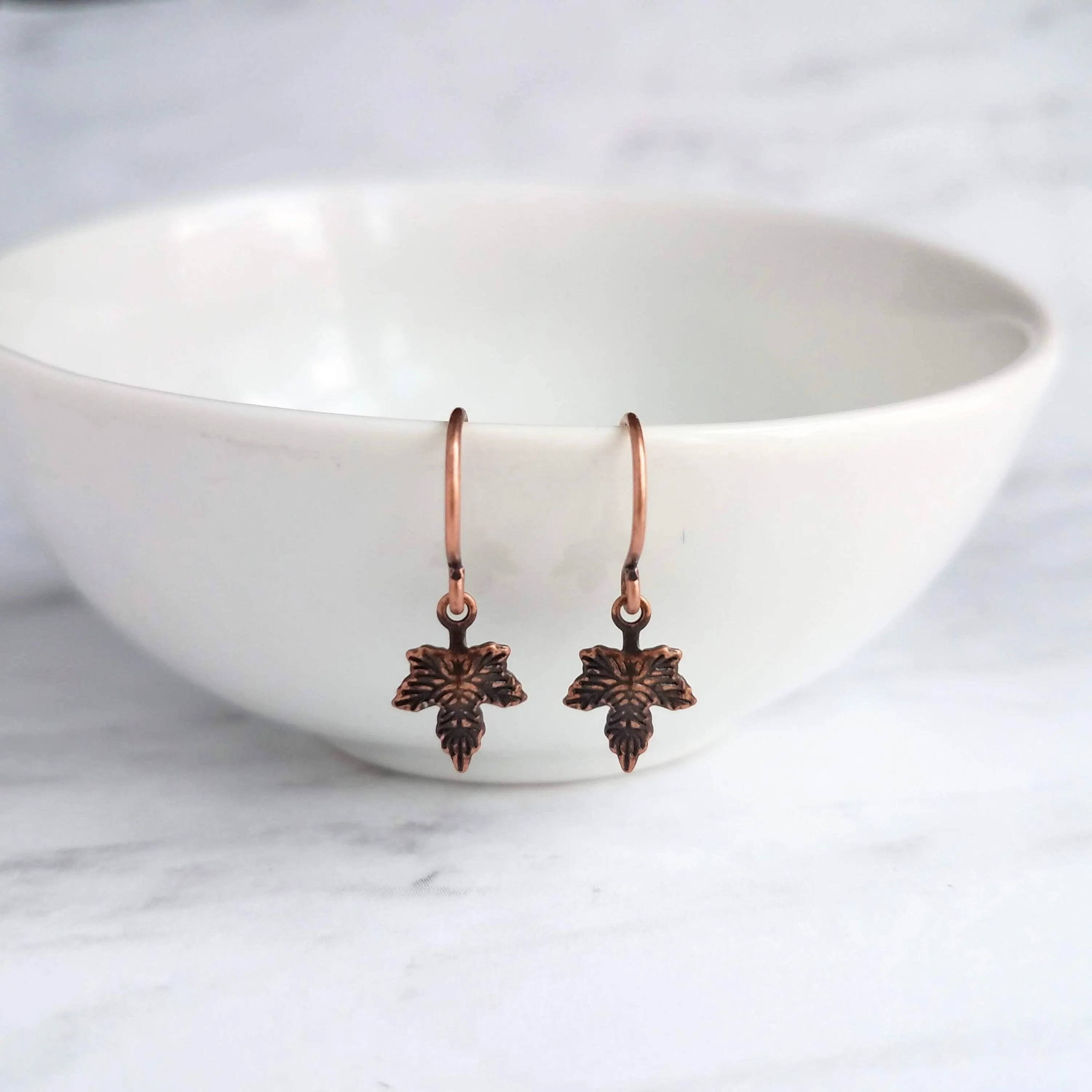 Small Copper Earrings, maple leaf earrings, Toronto Maple Leafs, little copper leaves, tiny leaf earring, antique copper finish leaves, small copper leaf dangle, autumn earring, fall jewelry