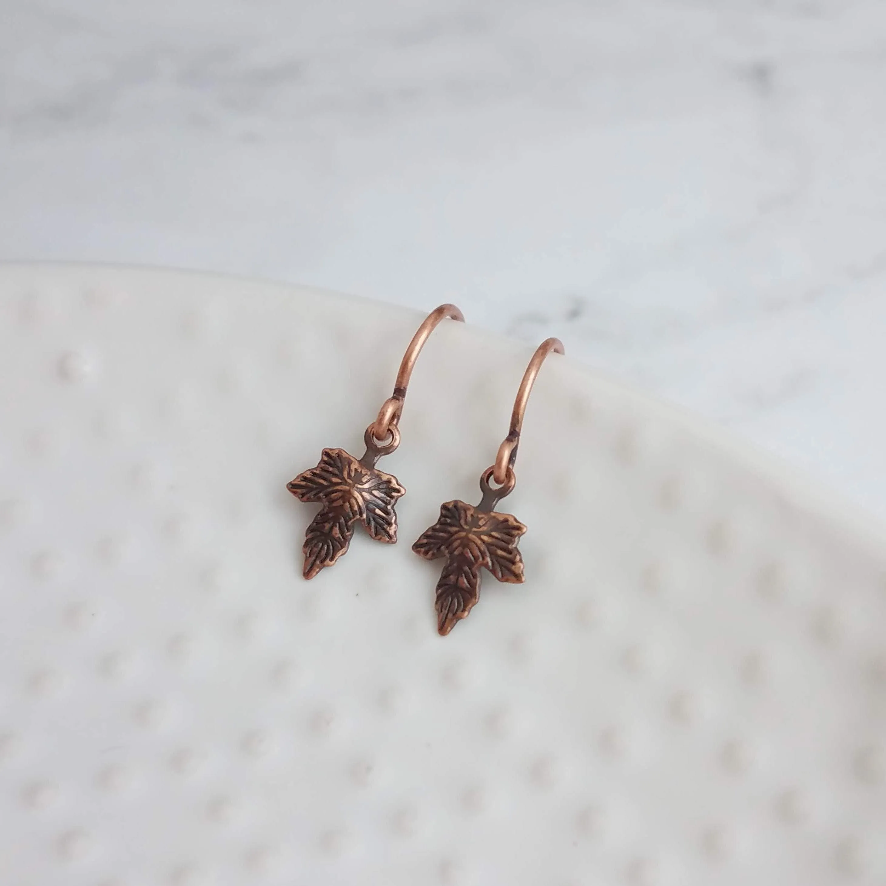 Small Copper Earrings, maple leaf earrings, Toronto Maple Leafs, little copper leaves, tiny leaf earring, antique copper finish leaves, small copper leaf dangle, autumn earring, fall jewelry