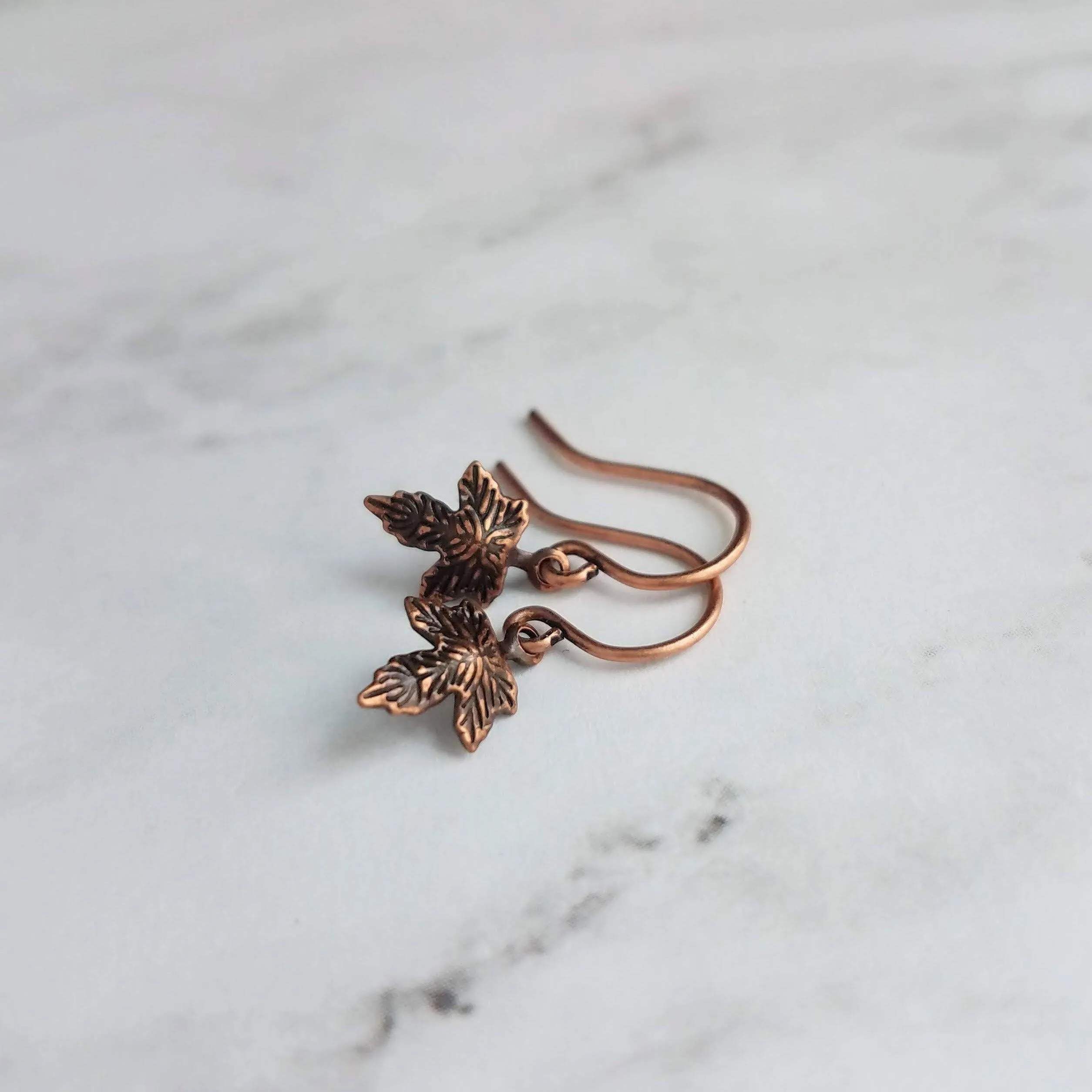 Small Copper Earrings, maple leaf earrings, Toronto Maple Leafs, little copper leaves, tiny leaf earring, antique copper finish leaves, small copper leaf dangle, autumn earring, fall jewelry