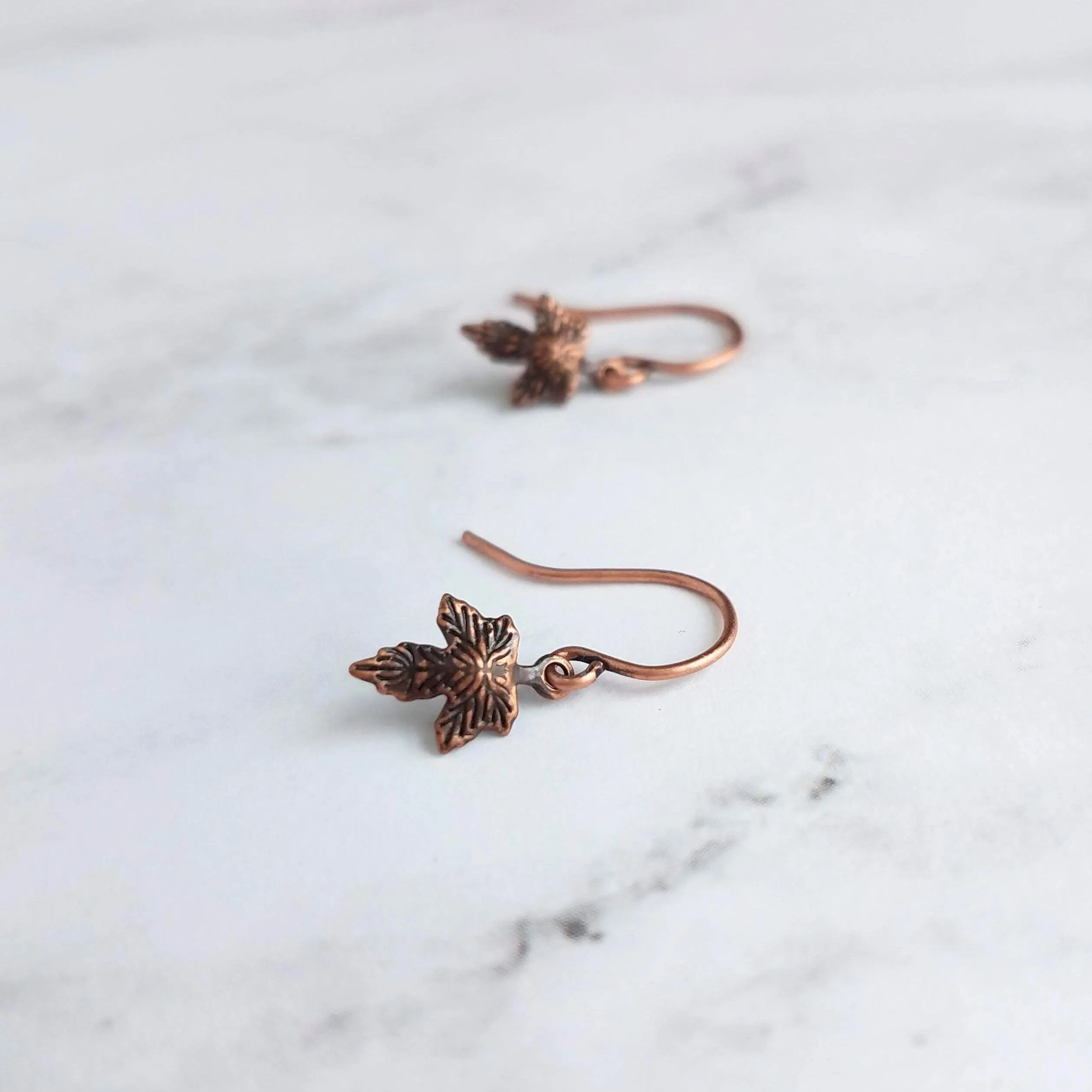 Small Copper Earrings, maple leaf earrings, Toronto Maple Leafs, little copper leaves, tiny leaf earring, antique copper finish leaves, small copper leaf dangle, autumn earring, fall jewelry