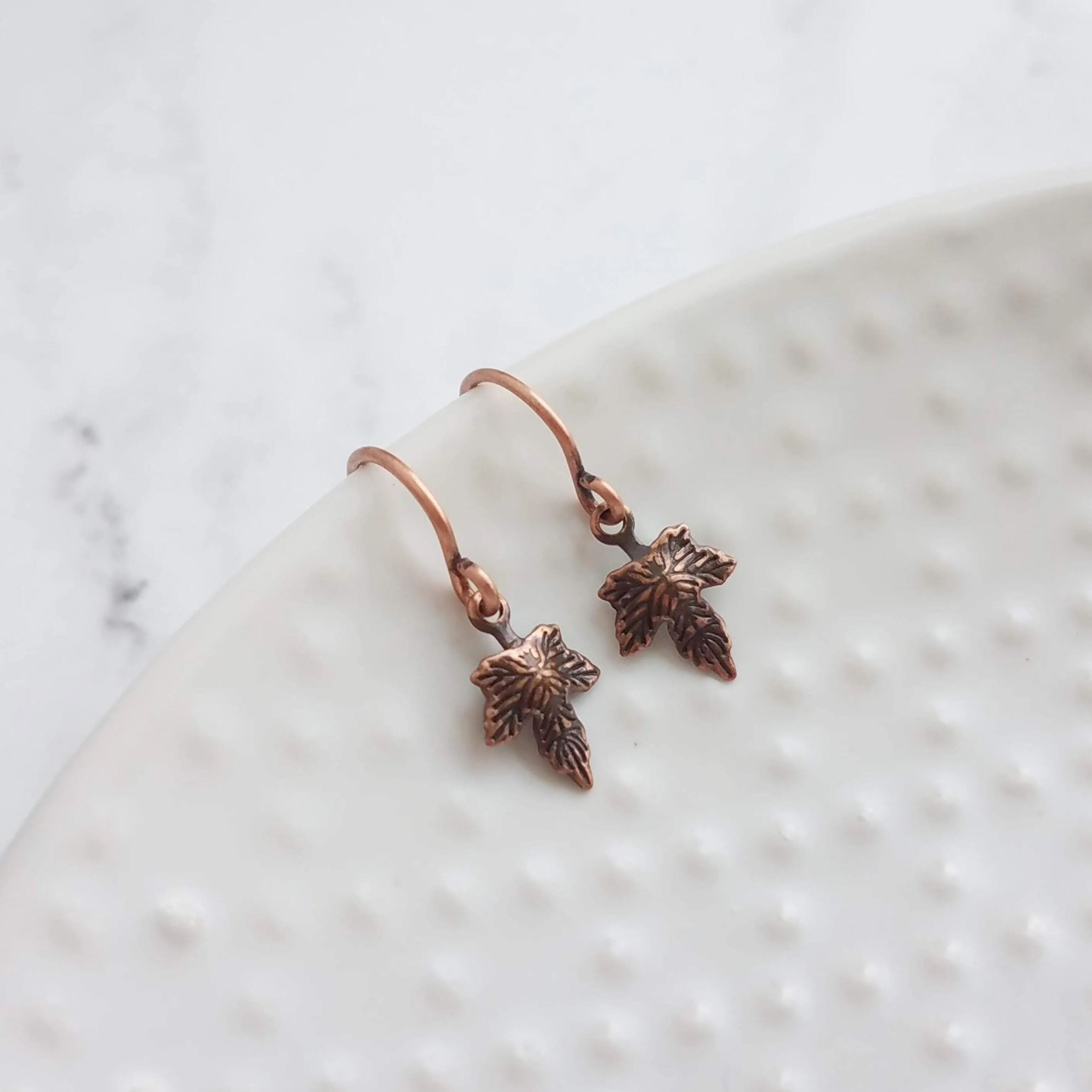 Small Copper Earrings, maple leaf earrings, Toronto Maple Leafs, little copper leaves, tiny leaf earring, antique copper finish leaves, small copper leaf dangle, autumn earring, fall jewelry