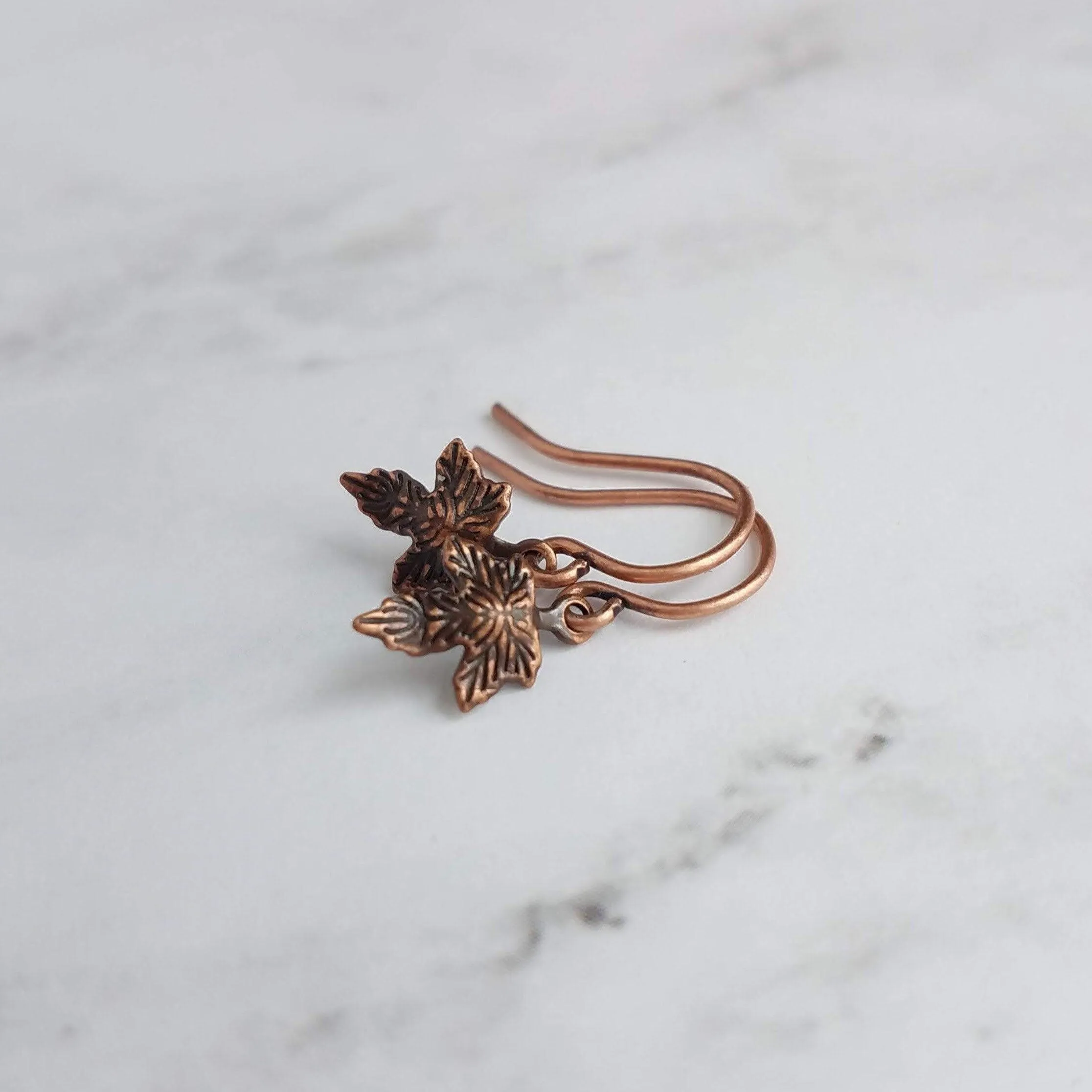 Small Copper Earrings, maple leaf earrings, Toronto Maple Leafs, little copper leaves, tiny leaf earring, antique copper finish leaves, small copper leaf dangle, autumn earring, fall jewelry