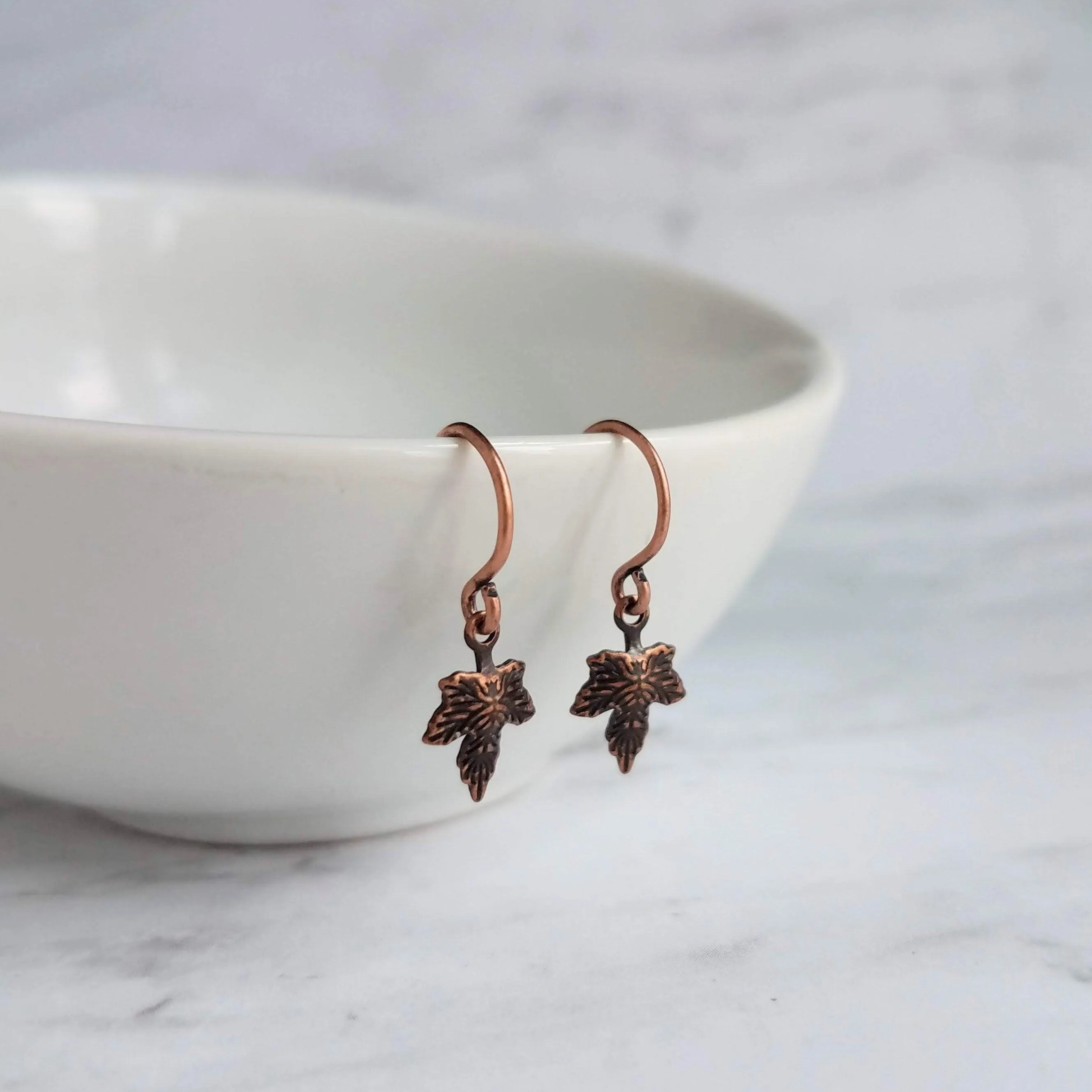 Small Copper Earrings, maple leaf earrings, Toronto Maple Leafs, little copper leaves, tiny leaf earring, antique copper finish leaves, small copper leaf dangle, autumn earring, fall jewelry