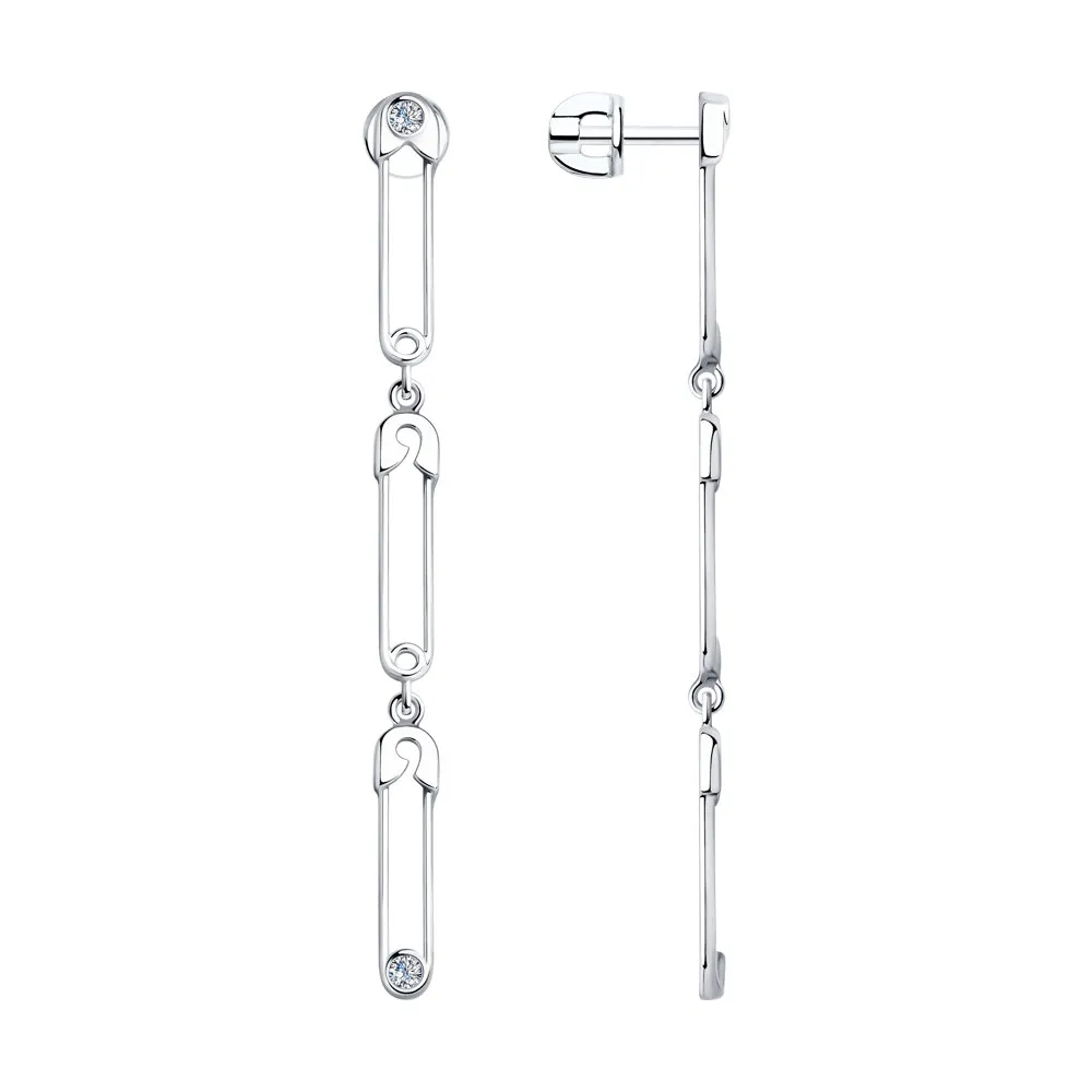 SOKOLOV - Drop Three Safety Pins Silver Stud Earrings With CZ