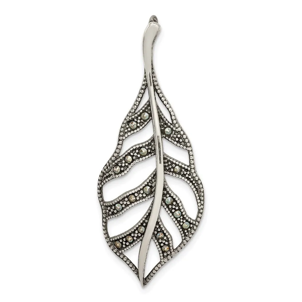 Sterling Silver Antiqued Marcasite Leaf Slide