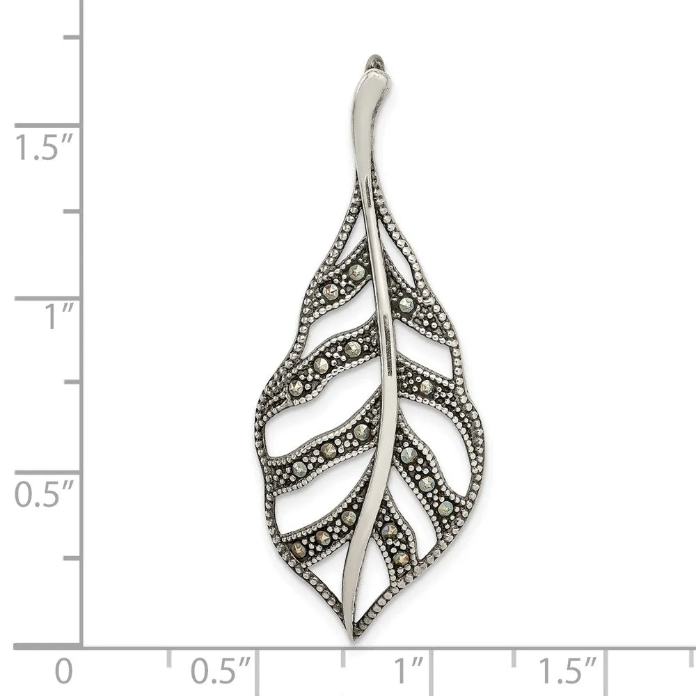 Sterling Silver Antiqued Marcasite Leaf Slide
