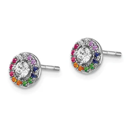 Sterling Silver Colorful Rainbow And Clear Halo Circle Post Earrings