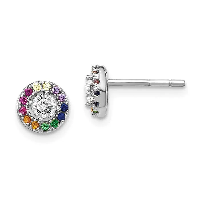 Sterling Silver Colorful Rainbow And Clear Halo Circle Post Earrings