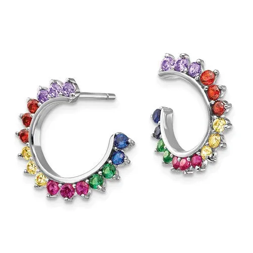 Sterling Silver Colorful Rainbow Open Side Hoop Earrings
