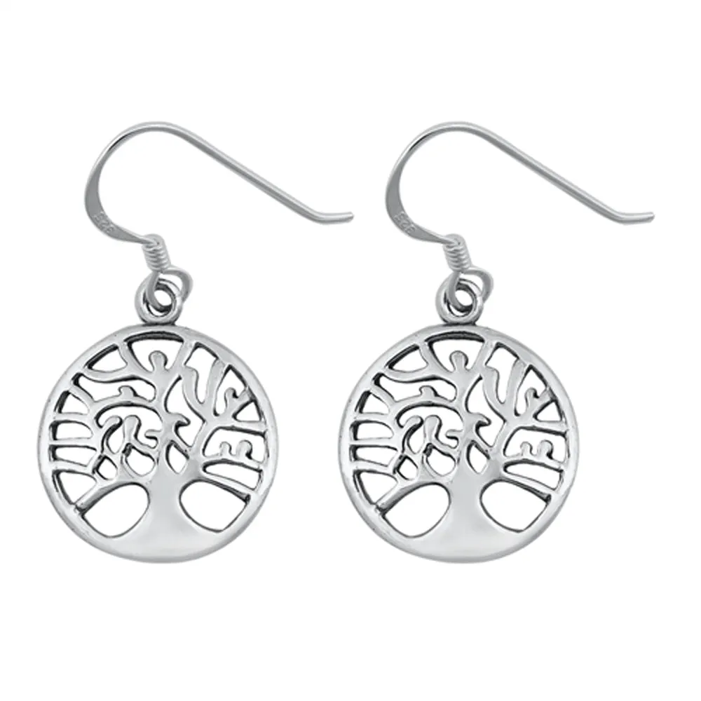 Sterling Silver Cutout Tree of Life Medallion Nature Circle Round Earrings 925