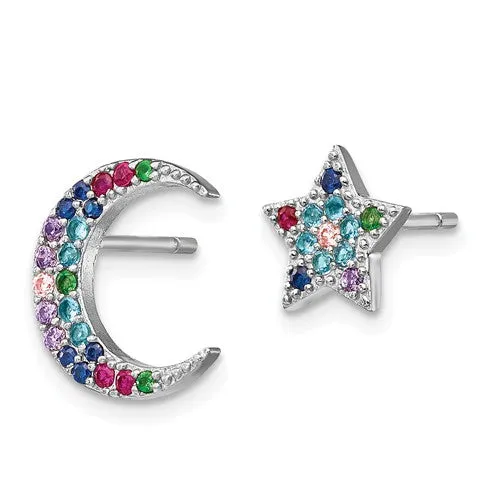 Sterling Silver Moon And Star Colorful CZ Post Earrings