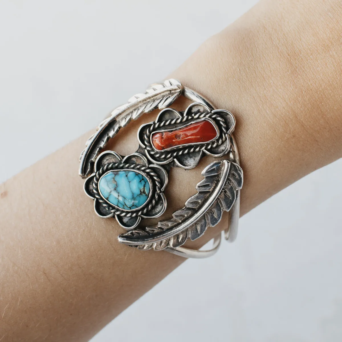Sterling Silver Navajo Turquoise and Coral Leaf Bracelet