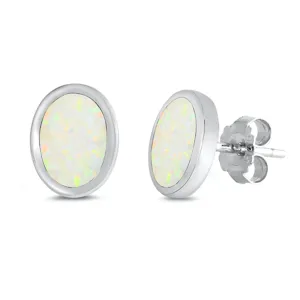 Sterling Silver Simple Oval High Polish Elegant Earrings White Synthetic Opal