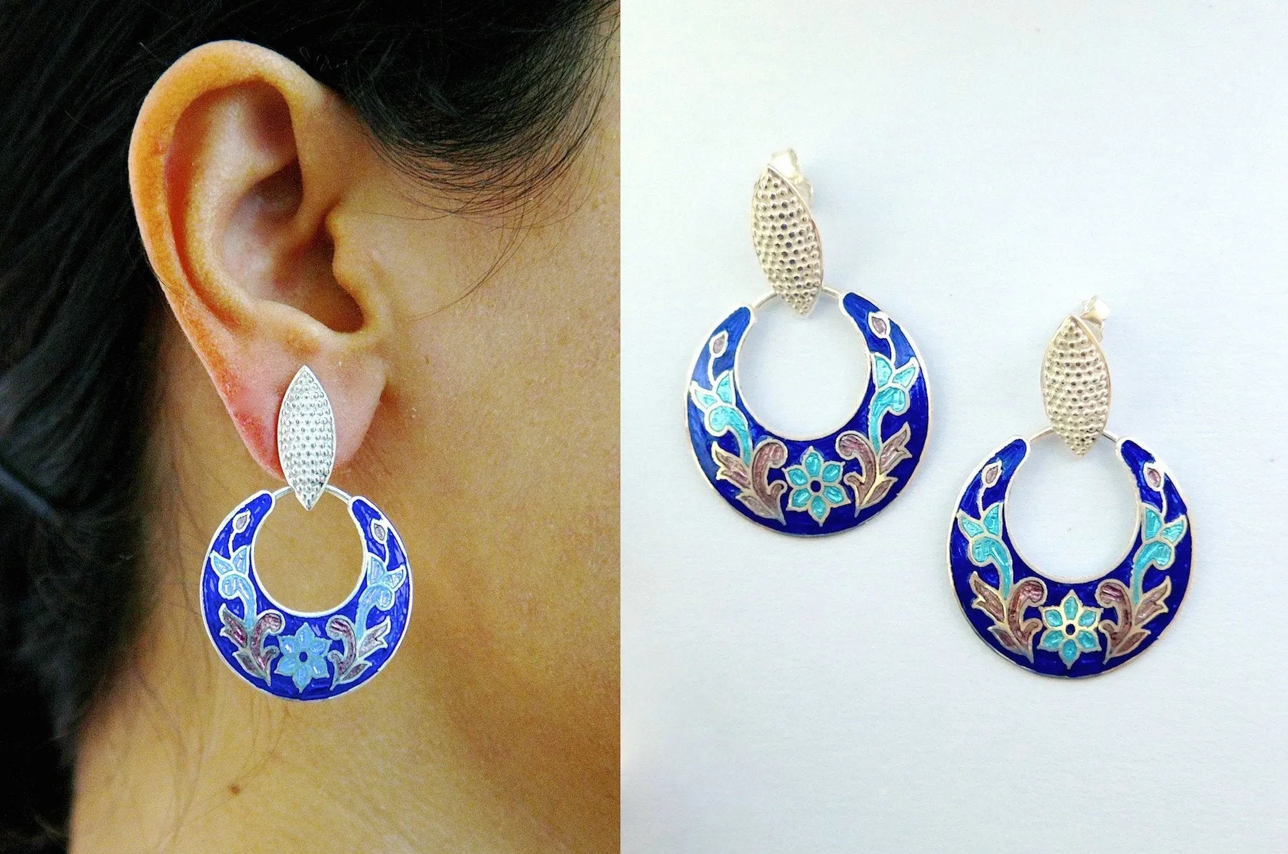 Stunning, floral pattern, crescent earrings in blue and pink Nathdwara enamel