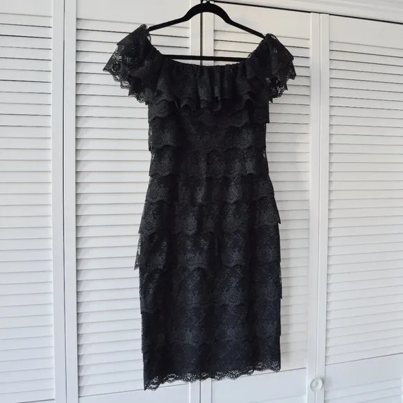 Tadashi Shoji Size 2 Vintage Black Lace Layered Cap Sleeve Dress | Size 2