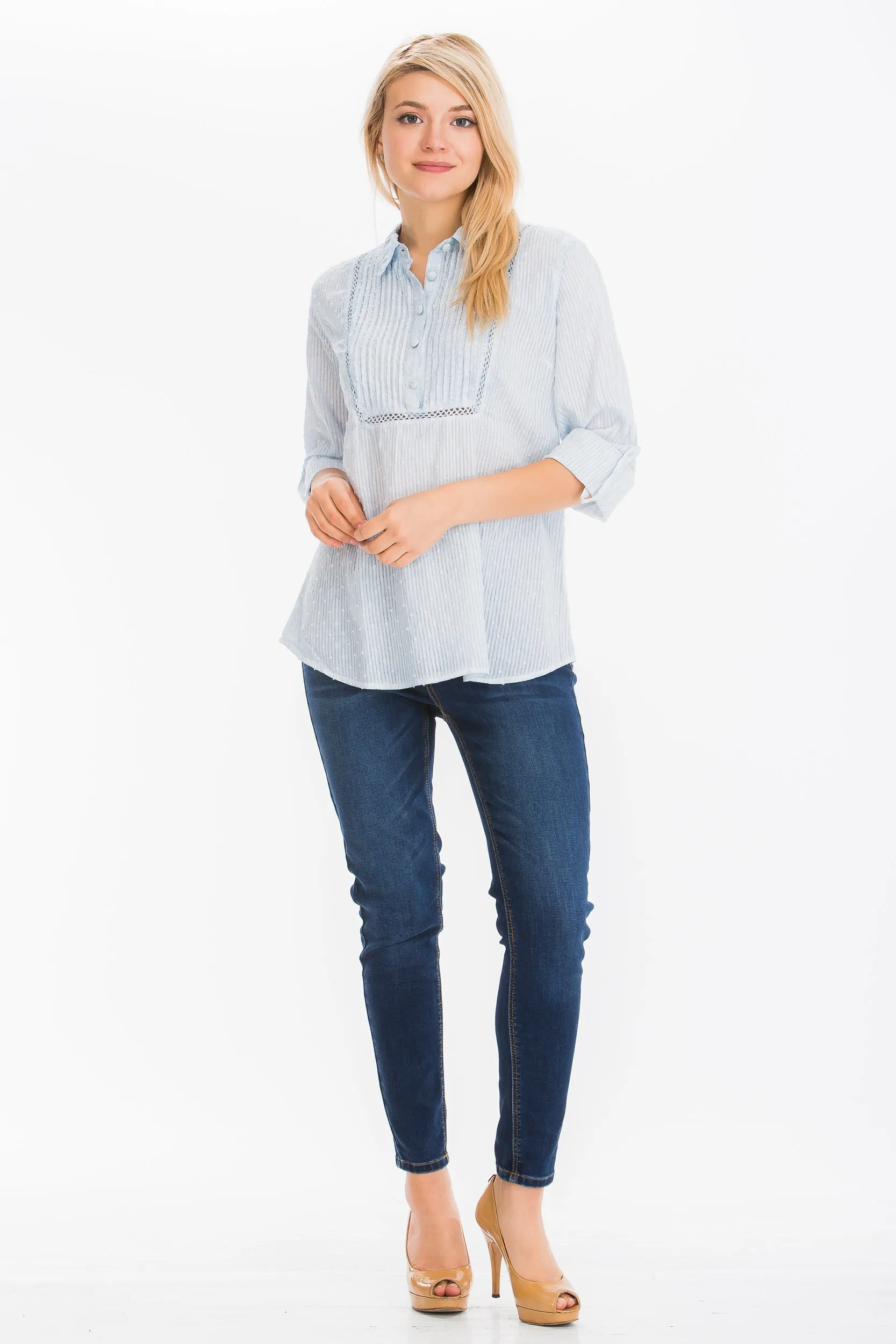Textured Top with Lace Inserts and Pin Tucks