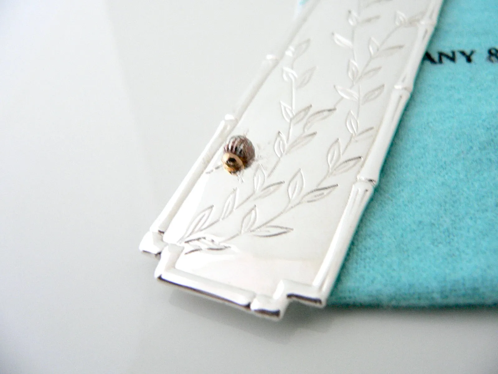 Tiffany & Co Silver Gold Nature LadyBug Bamboo Book Mark Bookmark Gift Pouch