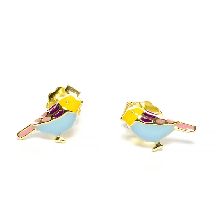 Tiny Colorful Bird Stud Earrings -  Gold - Girls & Teens