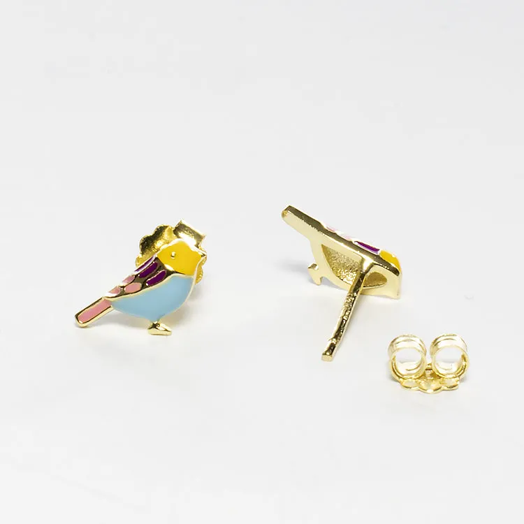 Tiny Colorful Bird Stud Earrings -  Gold - Girls & Teens