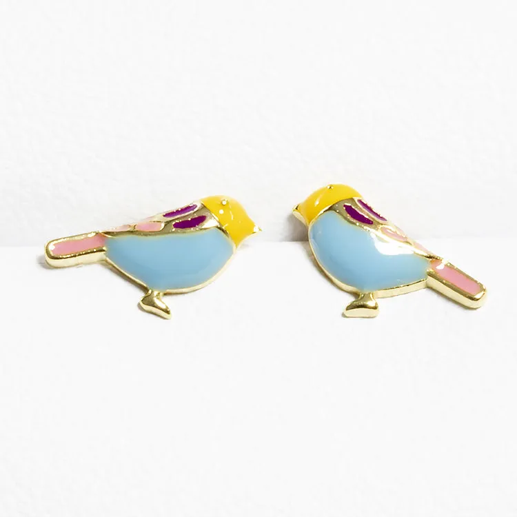 Tiny Colorful Bird Stud Earrings -  Gold - Girls & Teens
