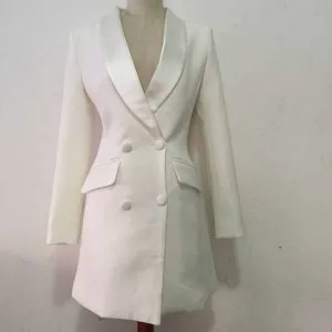Trendy Long Sleeve Double Breasted Lapel Blazer Mini Dress White