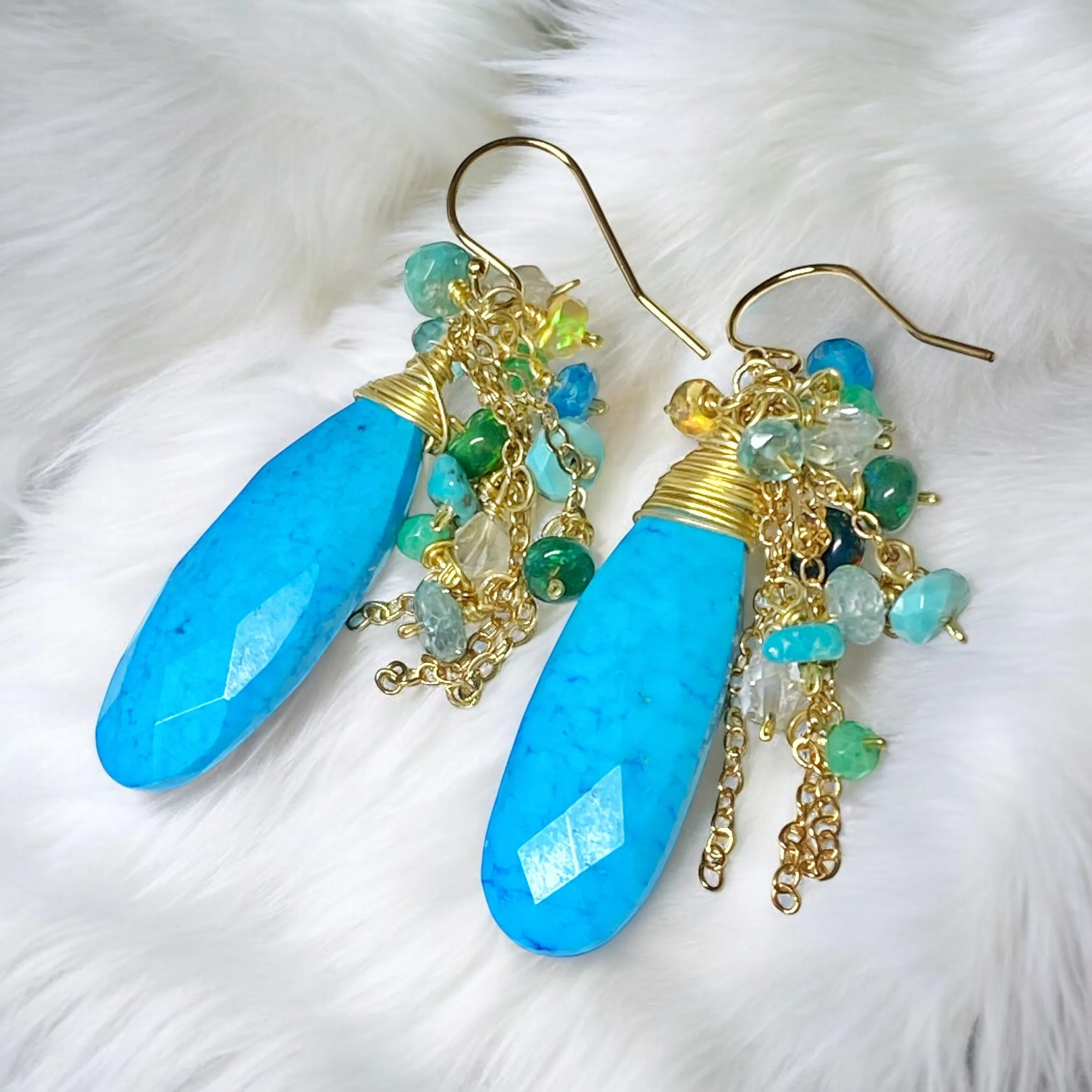 Turquoise, Opal, Colorful Gemstone Cluster Dangle Earrings