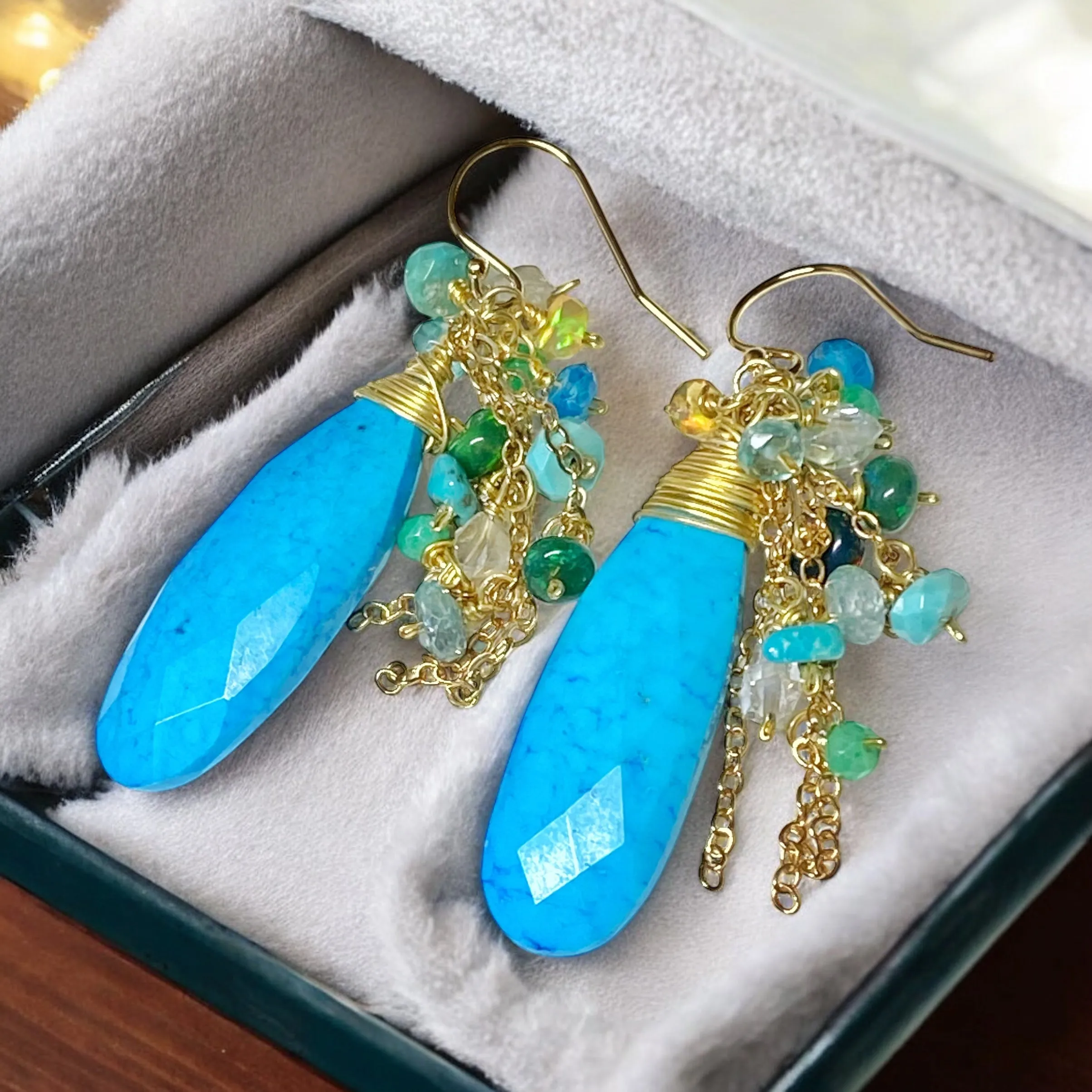Turquoise, Opal, Colorful Gemstone Cluster Dangle Earrings