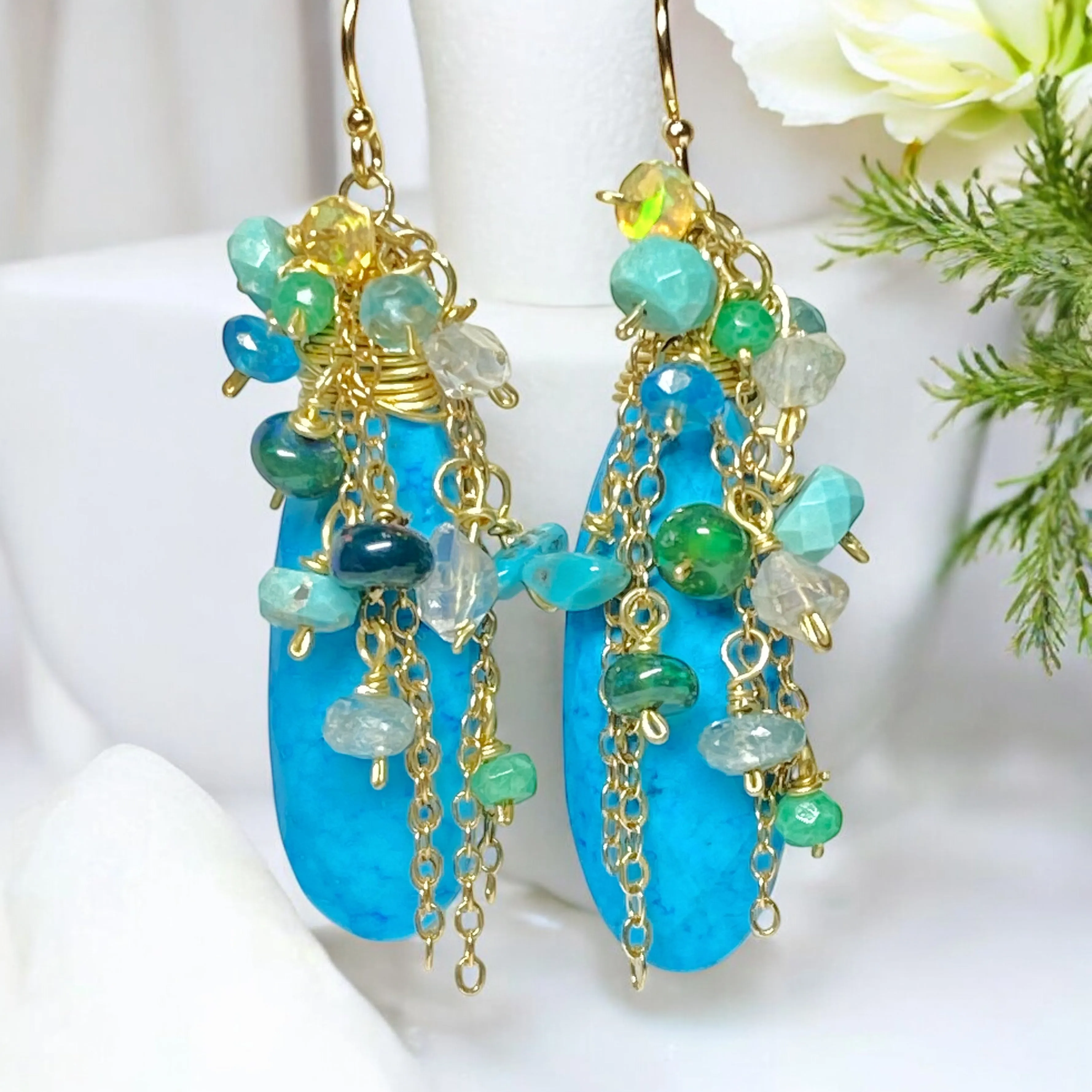 Turquoise, Opal, Colorful Gemstone Cluster Dangle Earrings