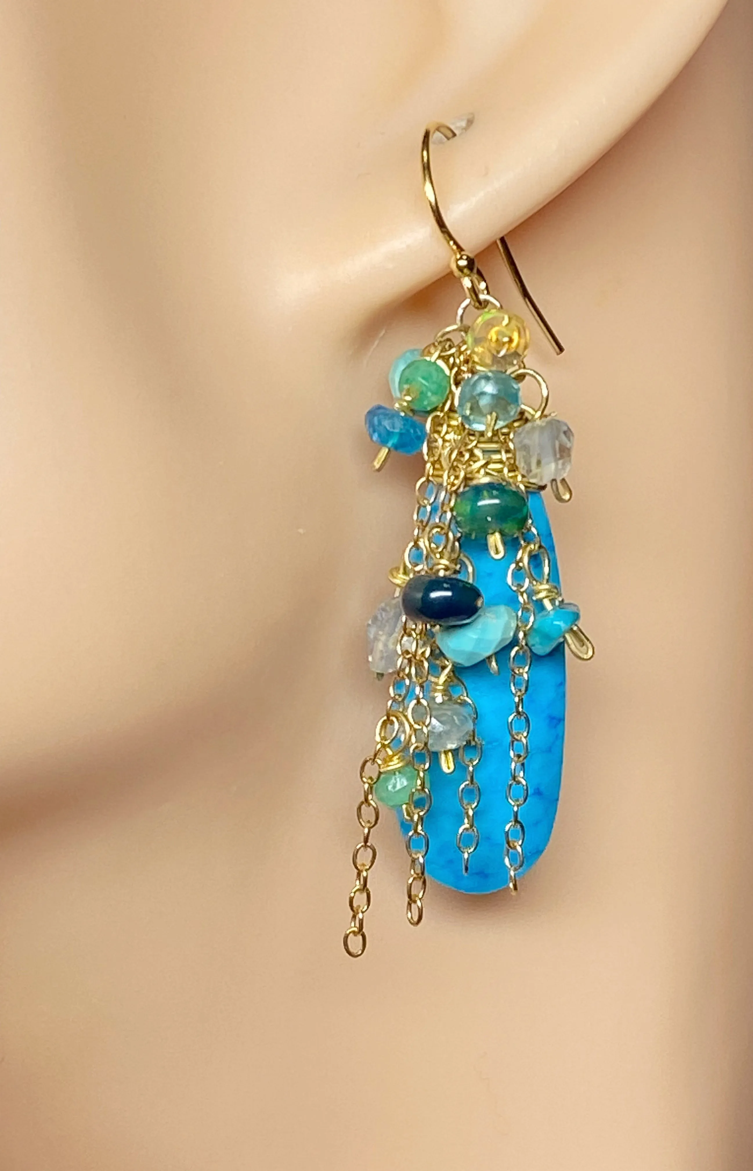 Turquoise, Opal, Colorful Gemstone Cluster Dangle Earrings