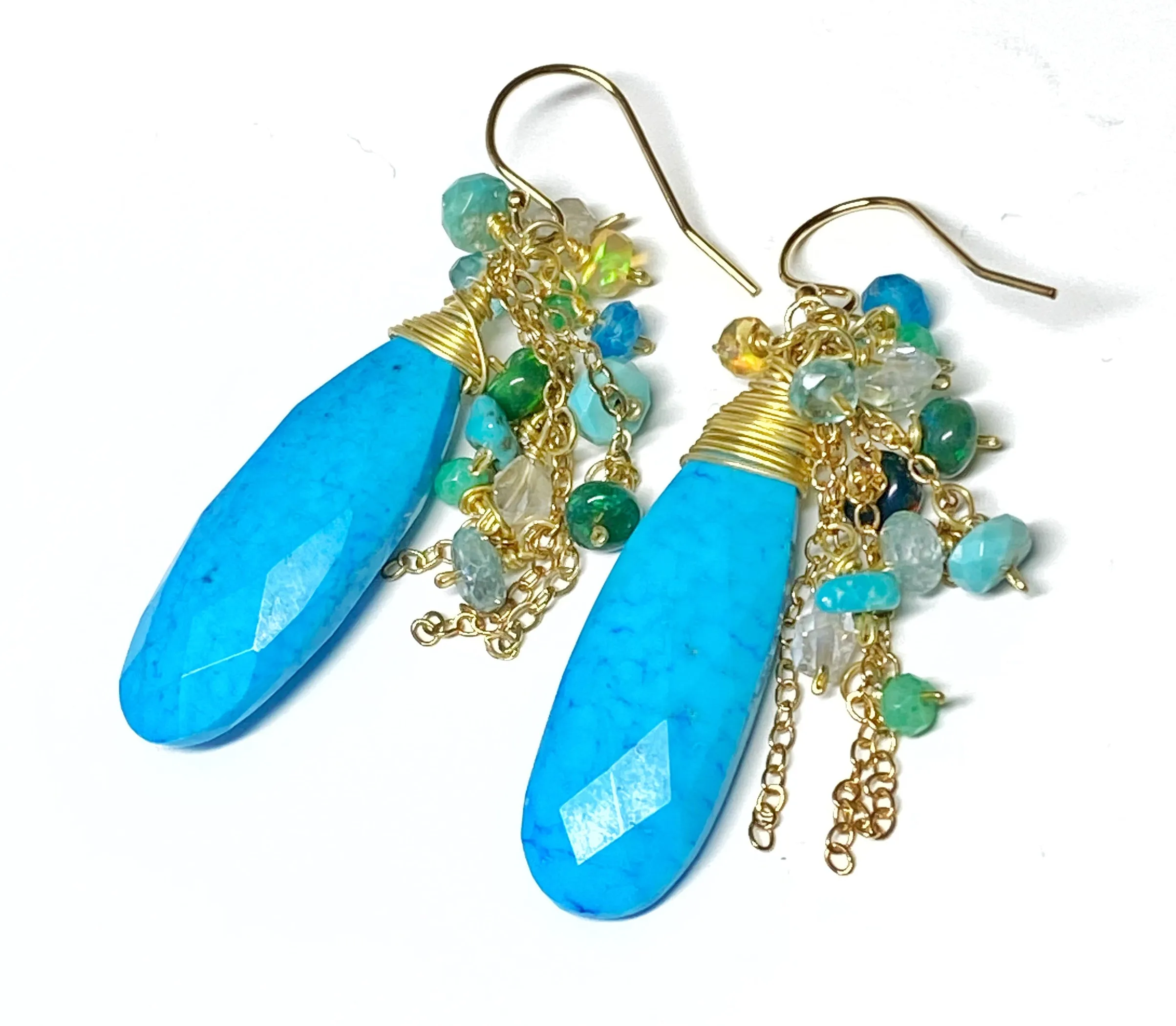 Turquoise, Opal, Colorful Gemstone Cluster Dangle Earrings