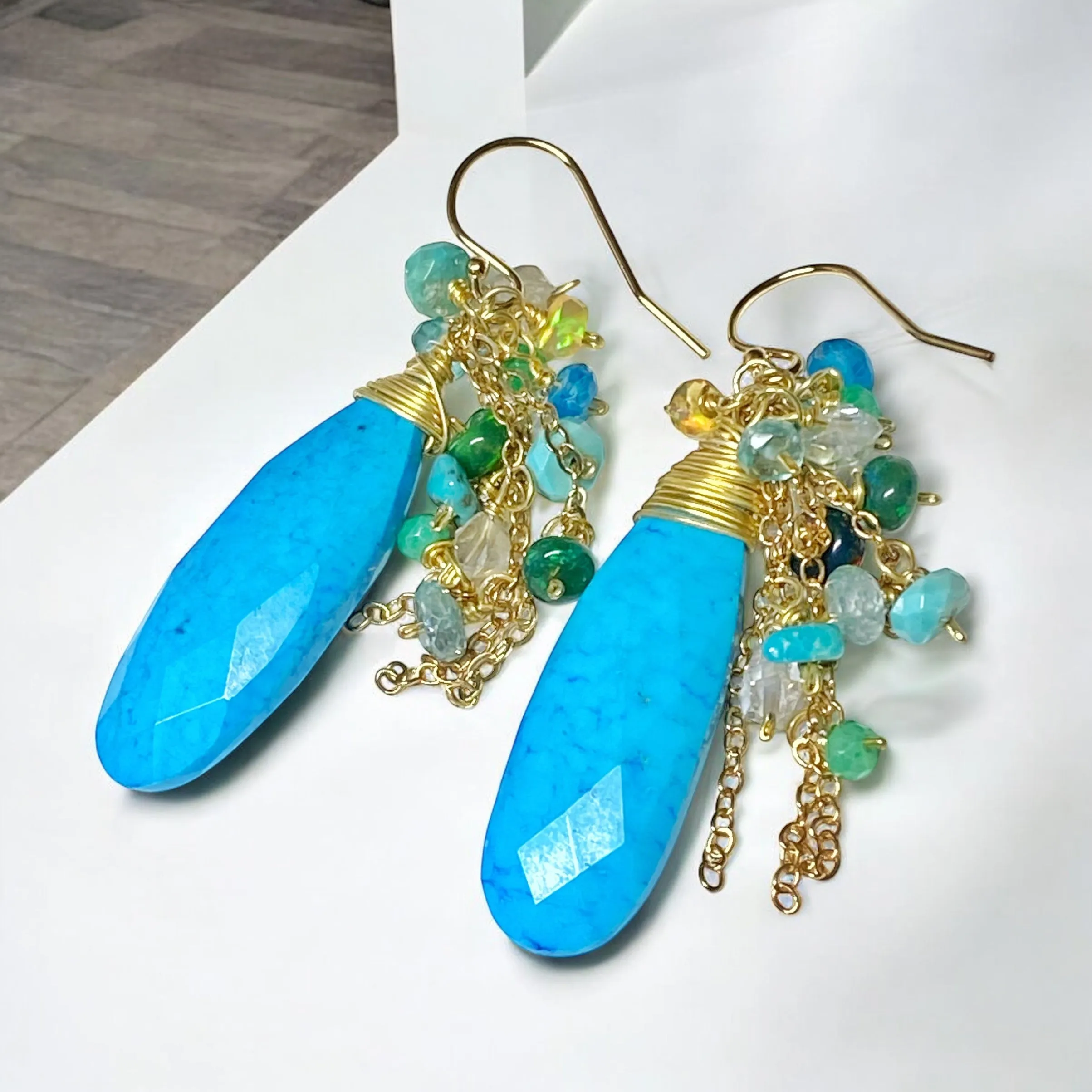 Turquoise, Opal, Colorful Gemstone Cluster Dangle Earrings