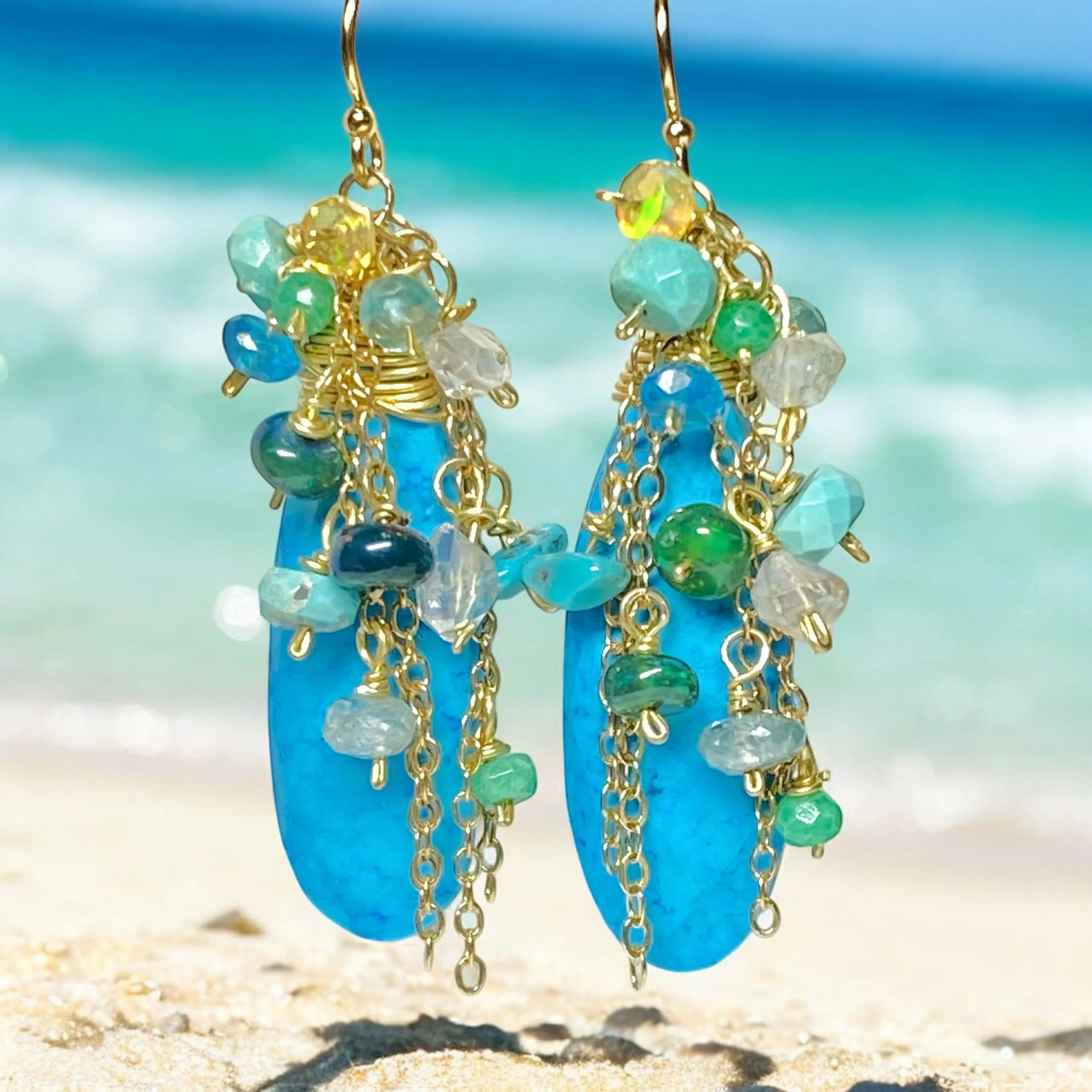Turquoise, Opal, Colorful Gemstone Cluster Dangle Earrings