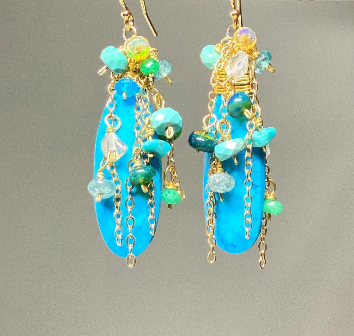 Turquoise, Opal, Colorful Gemstone Cluster Dangle Earrings