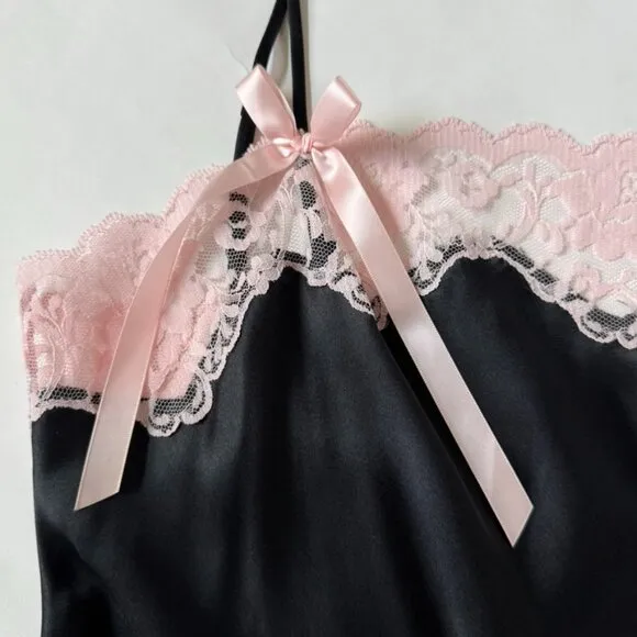 Victorias Secret Angels Women M Slip Dress Black pink Lace Vintage Fairy Goth