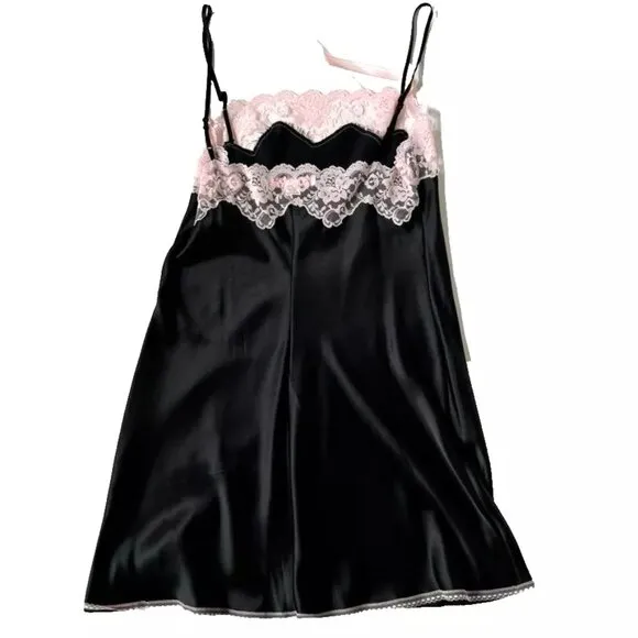 Victorias Secret Angels Women M Slip Dress Black pink Lace Vintage Fairy Goth