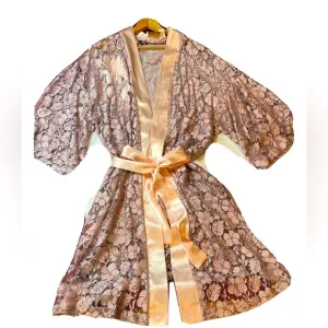 Victoria’s Secret PINK peach FLORAL sheer LACE ROBE Gold label satin RAYON belt