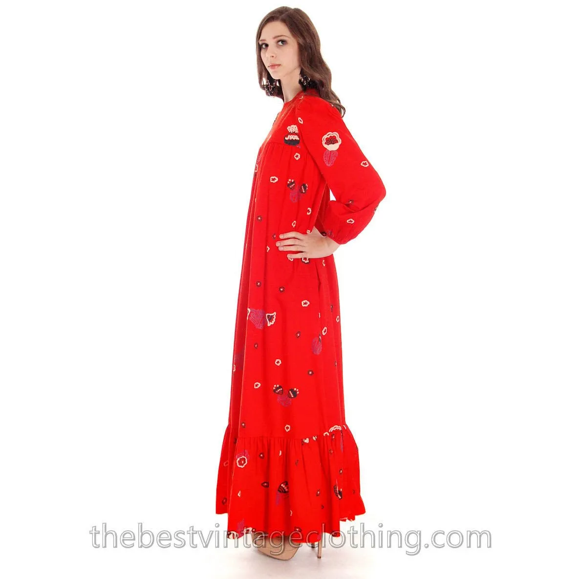 Vintage 1970s Dress Pia & Paula Maxi Fab Red Print 38/UK 12/US 8-10