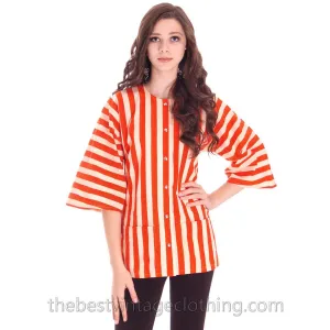 Vintage 1970s Vuokko Finland Womens Striped Coat Top Orange & White 36/6 100% Cotton