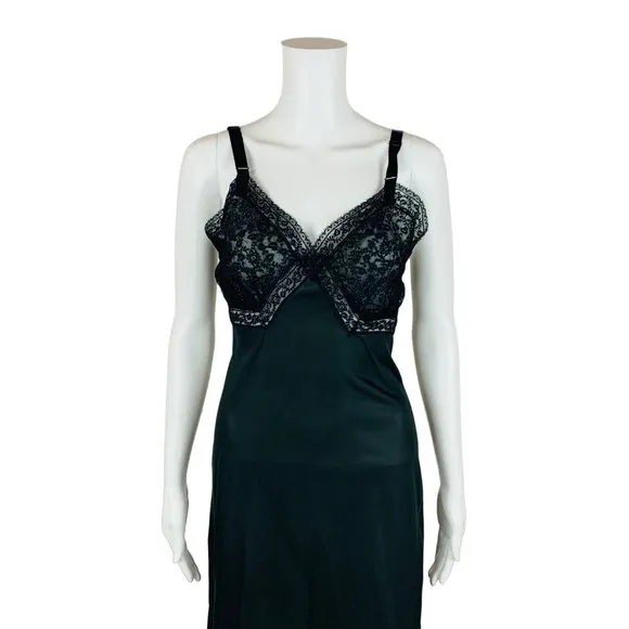 Vintage 50s Black Slip Nylon Lace Trim Lingerie Dress