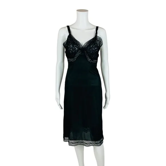 Vintage 50s Black Slip Nylon Lace Trim Lingerie Dress