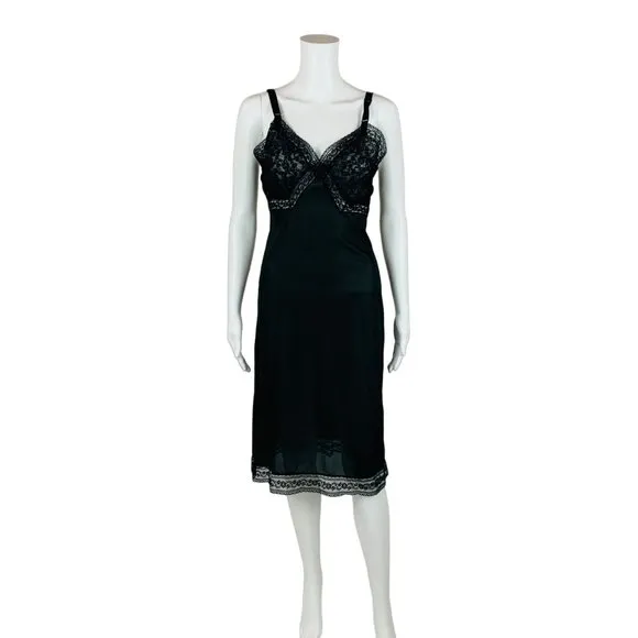 Vintage 50s Black Slip Nylon Lace Trim Lingerie Dress