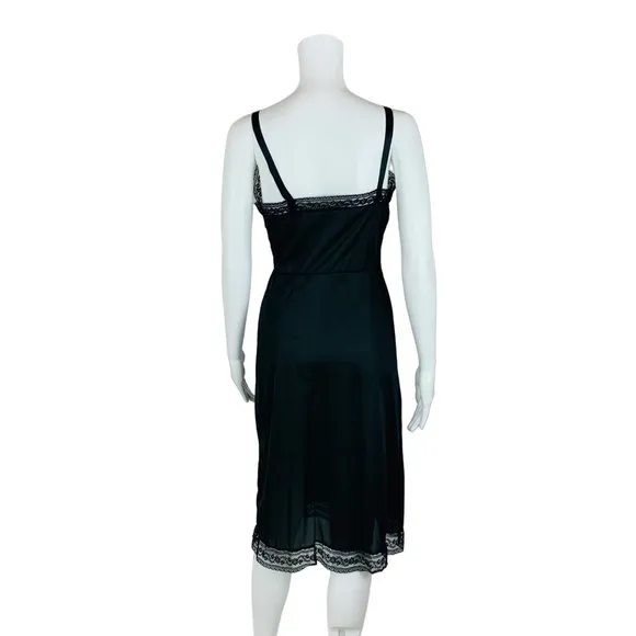 Vintage 50s Black Slip Nylon Lace Trim Lingerie Dress