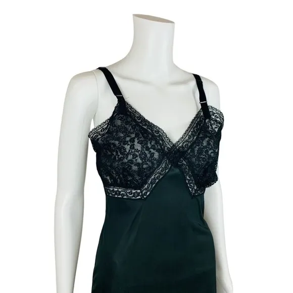 Vintage 50s Black Slip Nylon Lace Trim Lingerie Dress