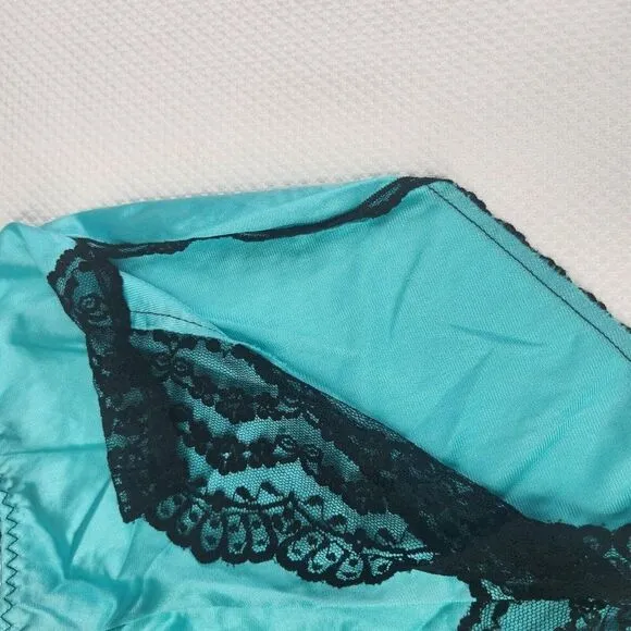 Vintage 70s 80s Turquoise Blue Satin Panties High Leg Black Lace S Nylon