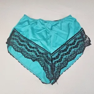 Vintage 70s 80s Turquoise Blue Satin Panties High Leg Black Lace S Nylon