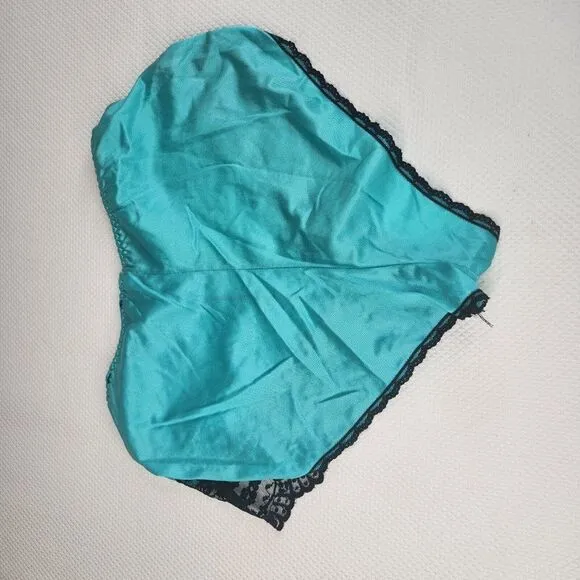 Vintage 70s 80s Turquoise Blue Satin Panties High Leg Black Lace S Nylon