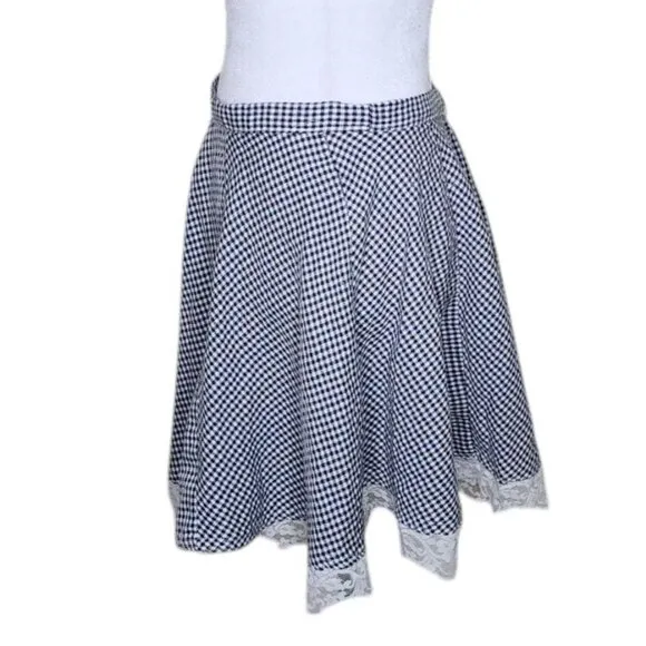 Vintage 90s Mini Lace Trim Gingham Flare Skater Skirt Womens Size M Black