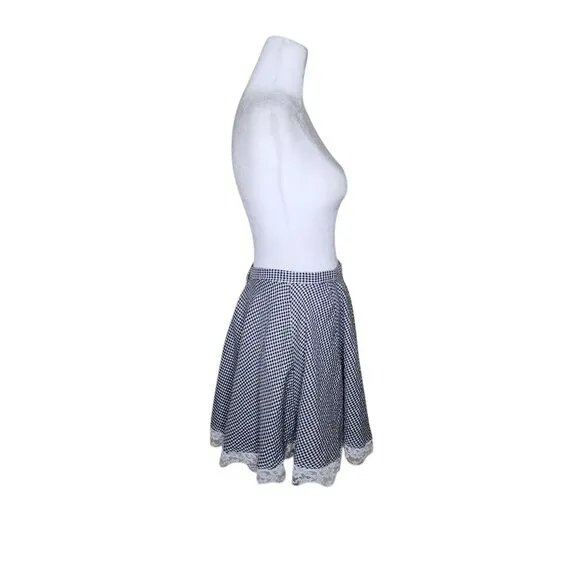 Vintage 90s Mini Lace Trim Gingham Flare Skater Skirt Womens Size M Black