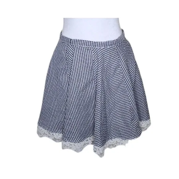 Vintage 90s Mini Lace Trim Gingham Flare Skater Skirt Womens Size M Black