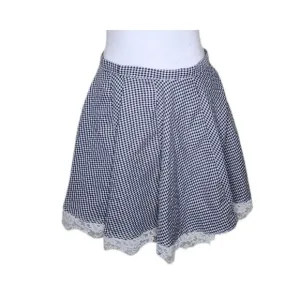 Vintage 90s Mini Lace Trim Gingham Flare Skater Skirt Womens Size M Black